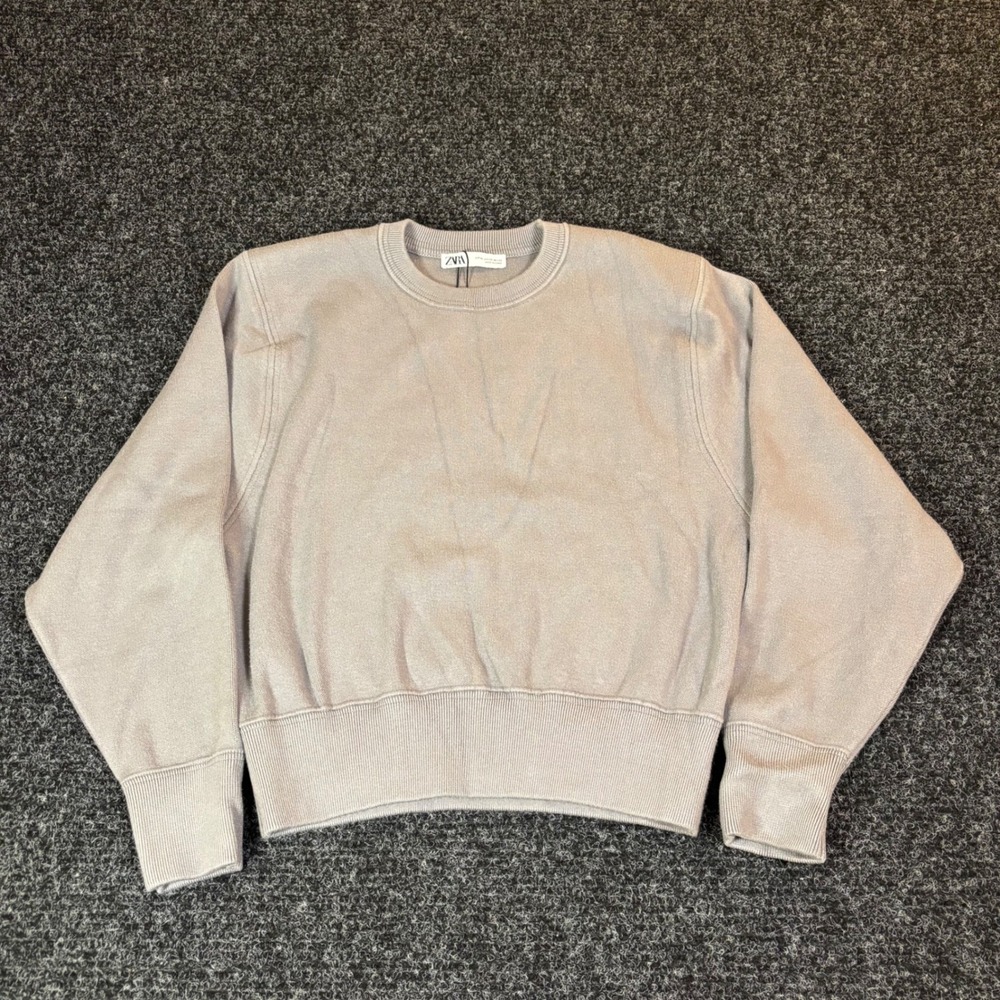 Zara Mens XL Taupe Grey Crewneck Sweatshirt Ribbed Hem Long Sleeve Cropped Fit